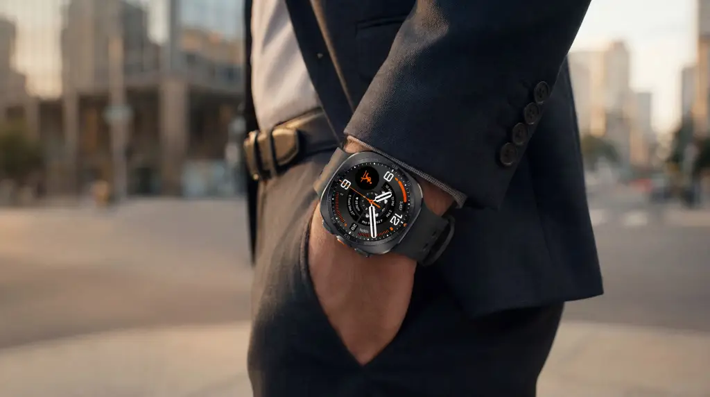 Profesional con traje oscuro y camisa blanca, mostrando un smartwatch moderno en su muñeca. Esfera digital oscura con detalles naranjas, hora y datos de actividad. Fondo urbano.