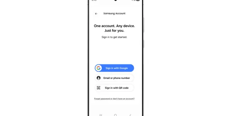 Pantalla de smartphone mostrando el inicio de sesión de Samsung Account con opciones para acceder vía Google, email/teléfono o código QR.