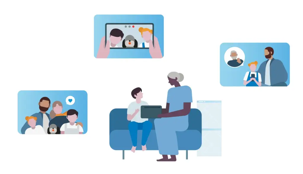 Ilustración de escenas familiares usando tecnología: videollamadas, fotos grupales y un adulto con un niño frente a un portátil. Conexión familiar.