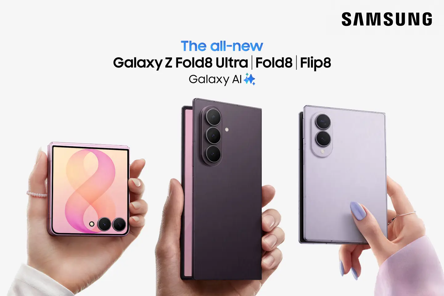 Tres manos sostienen smartphones plegables Samsung Galaxy Z Fold8 Ultra, Fold8 y Flip8. Modelos rosa, morado oscuro y lila claro.