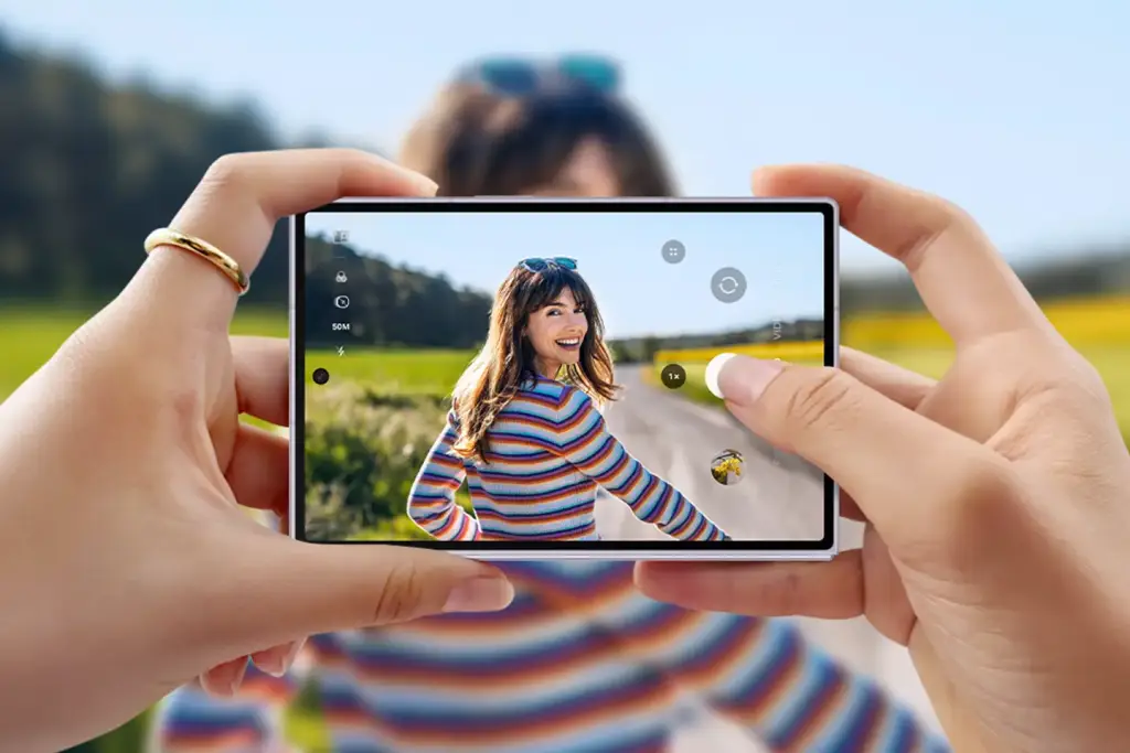 Manos sosteniendo un smartphone que muestra en pantalla a una mujer sonriente en un campo. Interfaz de cámara visible.