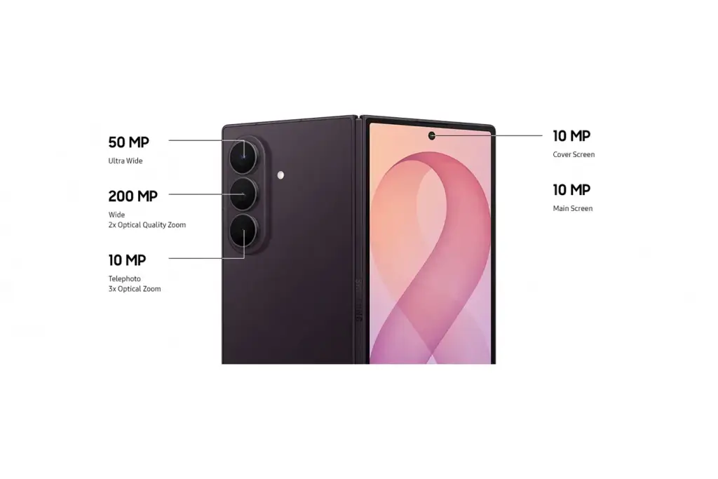 Smartphone plegable Samsung morado oscuro con sistema de triple cámara trasera (50 MP, 200 MP, 10 MP) y cámaras frontales de 10 MP.