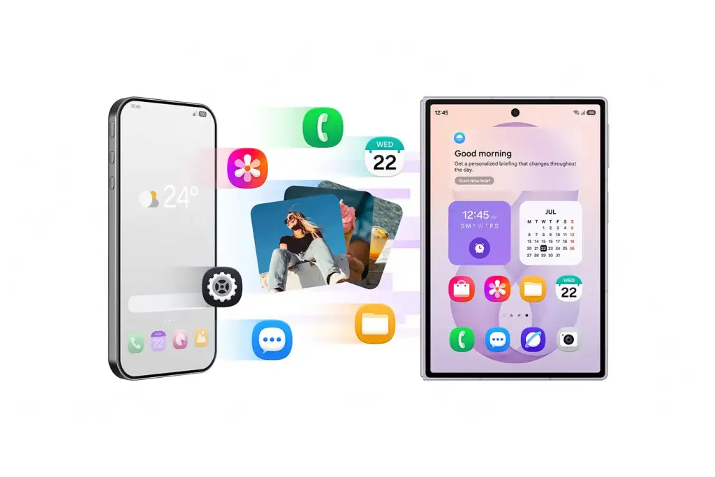 Dos dispositivos móviles, un smartphone y una tablet, mostrando interfaces de usuario modernas con widgets y diversas aplicaciones flotantes. Representa la gestión digital y la productividad.