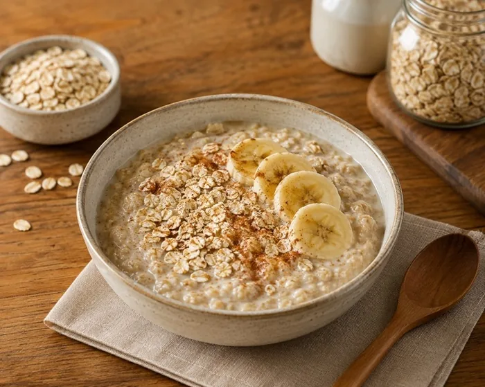 Tazón de avena cremosa con rodajas de plátano y canela sobre una mesa de madera.