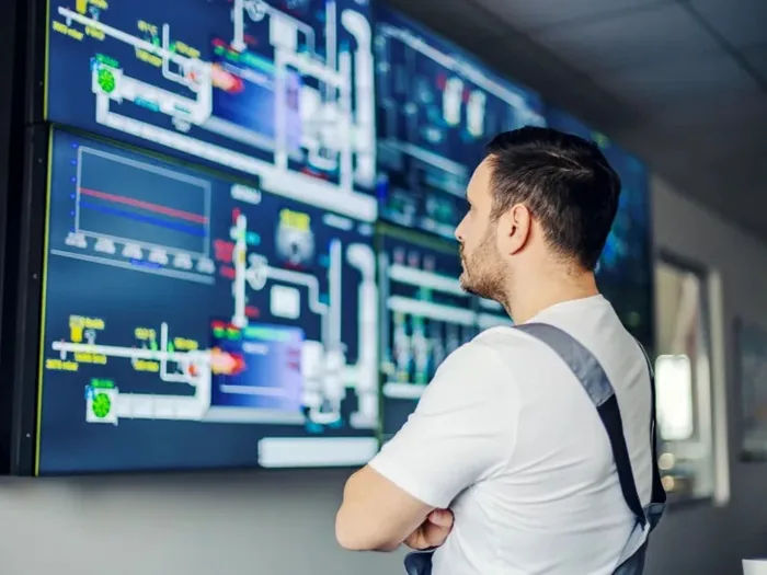 Trabajador observando grandes pantallas con diagramas de flujo y gráficos analíticos en una sala de control.