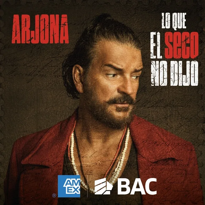 Retrato de un hombre con barba y chaqueta roja, acompañado de texto publicitario y logotipos corporativos.