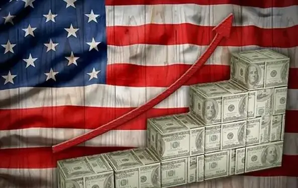 Gráfico de crecimiento en forma de escalera con billetes de dólar sobre el fondo de una bandera de Estados Unidos.