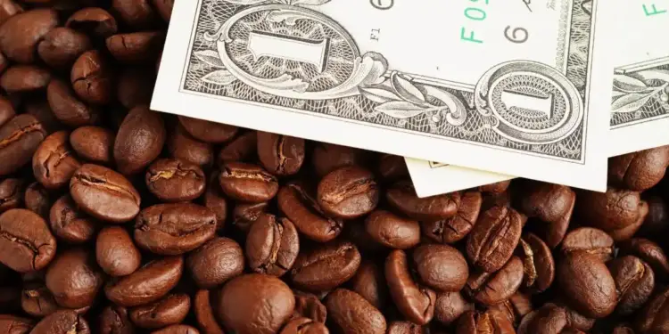 Primer plano de granos de café tostado con dos billetes de un dólar estadounidense parcialmente visibles encima, simbolizando el valor de la materia prima.