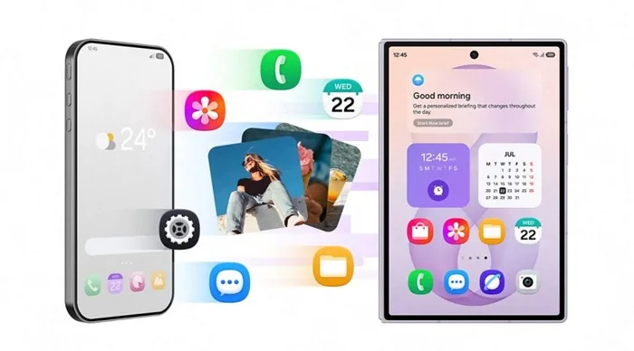 Ilustración de un teléfono inteligente y una tableta mostrando transferencia de archivos, fotos y aplicaciones.