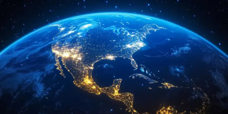 Vista panorámica del planeta Tierra de noche desde el espacio, mostrando luces urbanas y la atmósfera brillante.