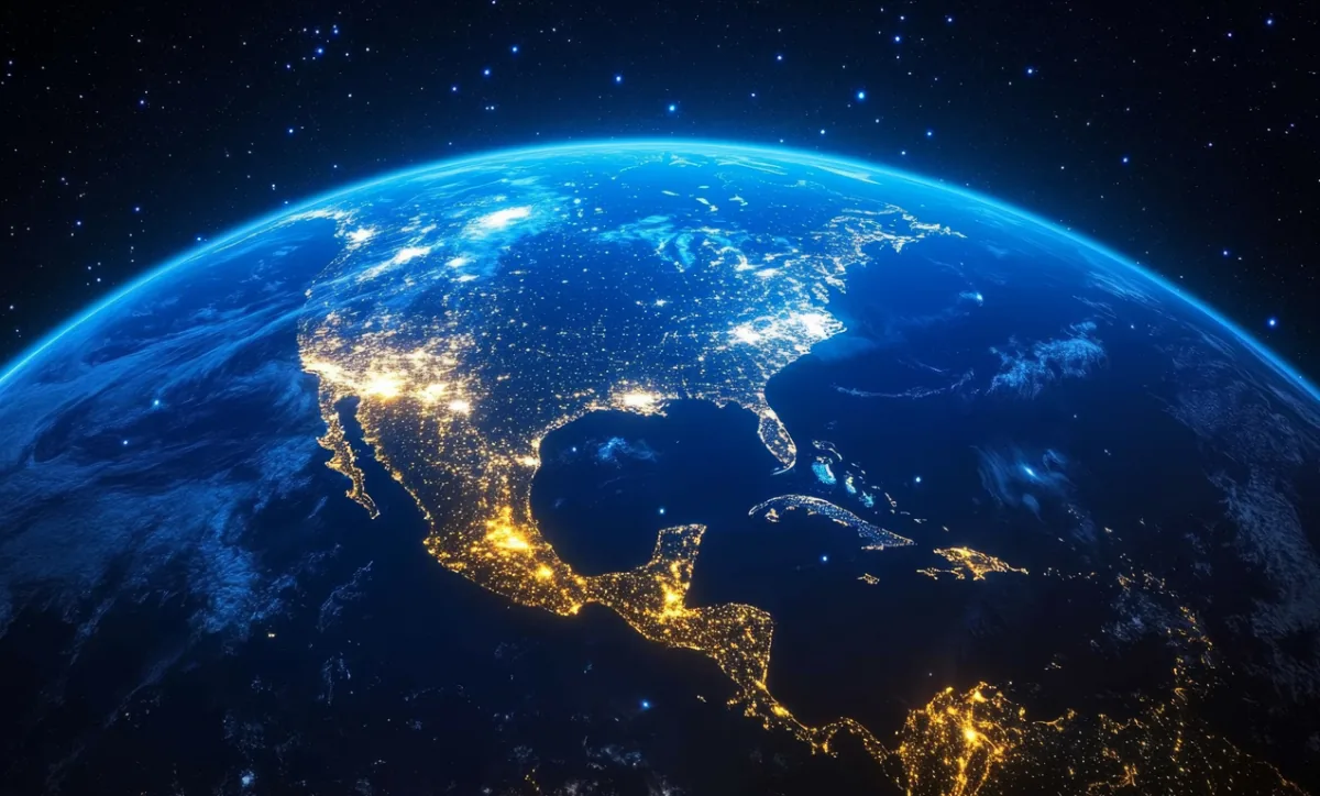 Vista panorámica del planeta Tierra de noche desde el espacio, mostrando luces urbanas y la atmósfera brillante.
