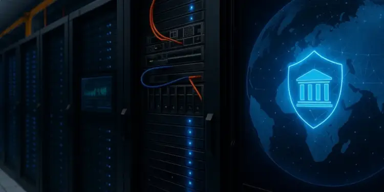 Sala de servidores con racks iluminados en azul y cables. A la derecha, un globo terráqueo digital con un escudo y un icono de banco, simbolizando seguridad financiera global y protección de datos.