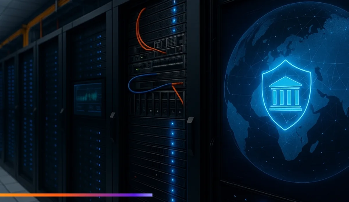 Sala de servidores con racks iluminados en azul y cables. A la derecha, un globo terráqueo digital con un escudo y un icono de banco, simbolizando seguridad financiera global y protección de datos.