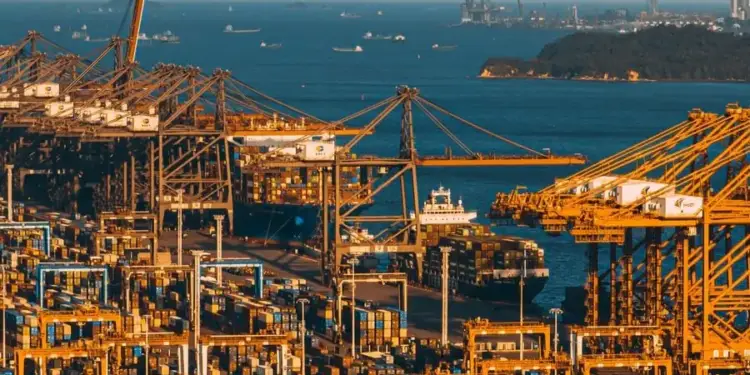 Vista aérea de un concurrido puerto con grúas gigantes y numerosos contenedores apilados junto al mar.