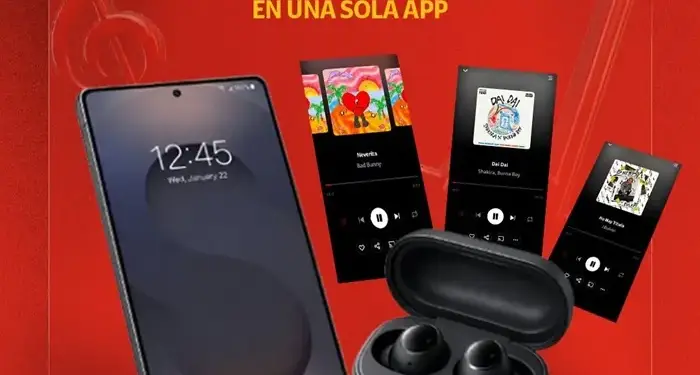 Anuncio publicitario rojo de Claro Música mostrando un teléfono inteligente, estuche de audífonos inalámbricos y carátulas de música.