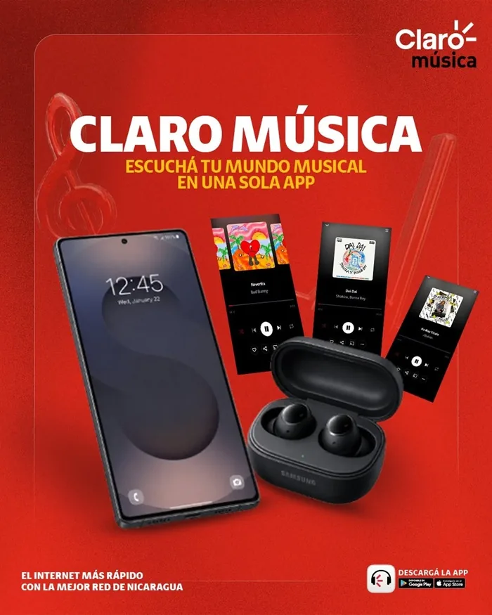 Anuncio publicitario rojo de Claro Música mostrando un teléfono inteligente, estuche de audífonos inalámbricos y carátulas de música.