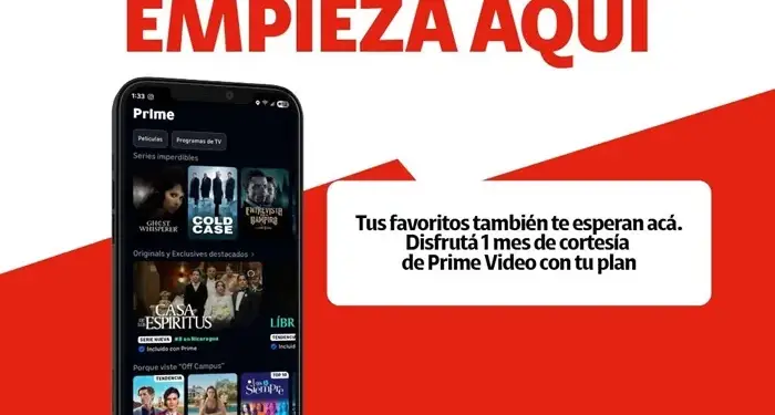 Smartphone mostrando la app Prime Video con títulos de series y películas. Publicidad de Claro ofreciendo 1 mes gratis de Prime Video con su plan de internet en Nicaragua.