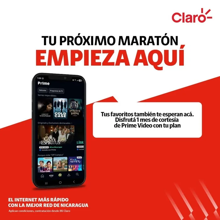 Smartphone mostrando la app Prime Video con títulos de series y películas. Publicidad de Claro ofreciendo 1 mes gratis de Prime Video con su plan de internet en Nicaragua.