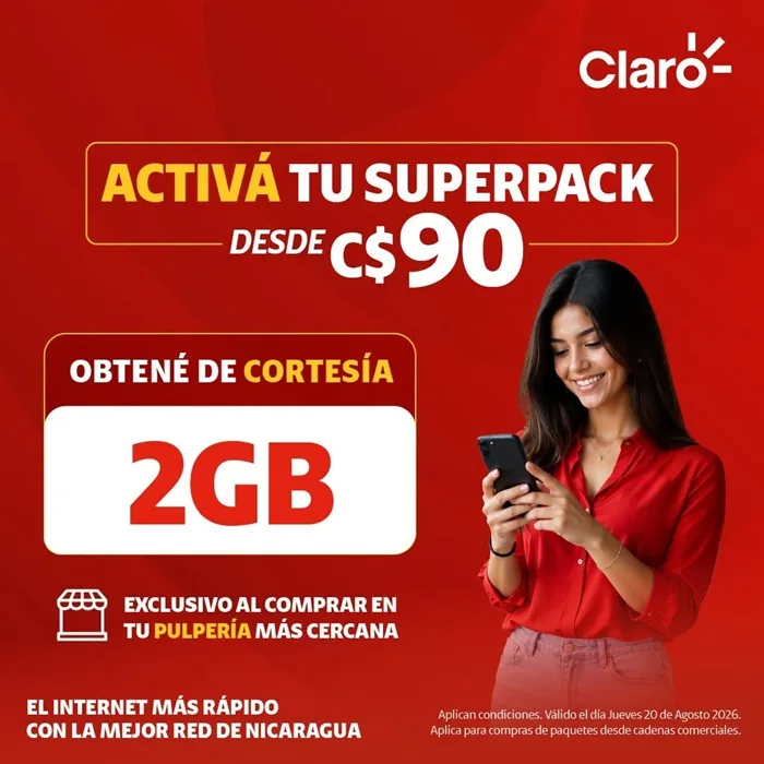 Imagen publicitaria de Claro con texto sobre Superpack desde 90 córdobas y una mujer usando un teléfono móvil.