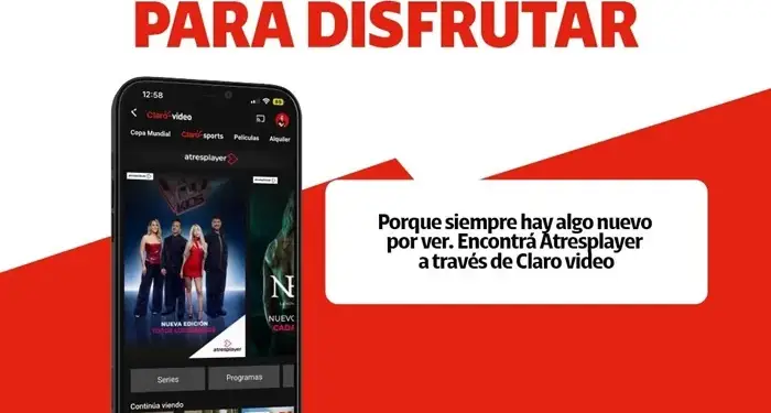 Smartphone mostrando la aplicación Claro video con texto publicitario sobre un fondo rojo y blanco.