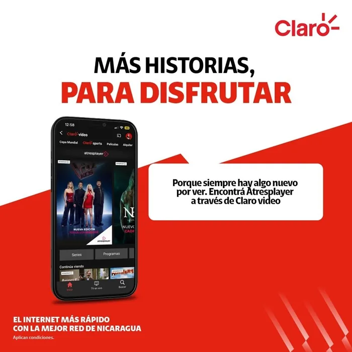 Smartphone mostrando la aplicación Claro video con texto publicitario sobre un fondo rojo y blanco.