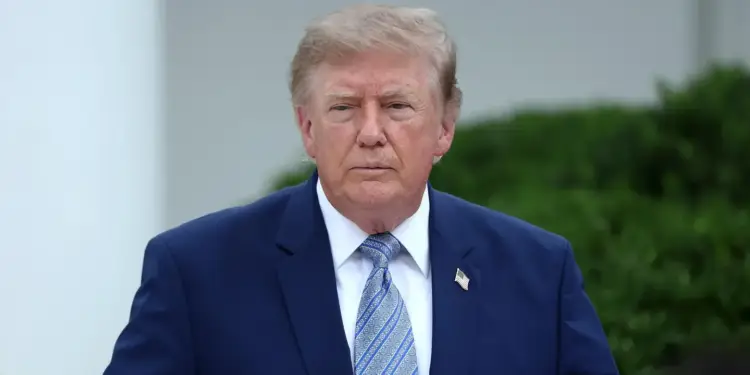 Retrato de medio cuerpo de Donald Trump vistiendo traje azul marino, camisa blanca y corbata azul con patrón.