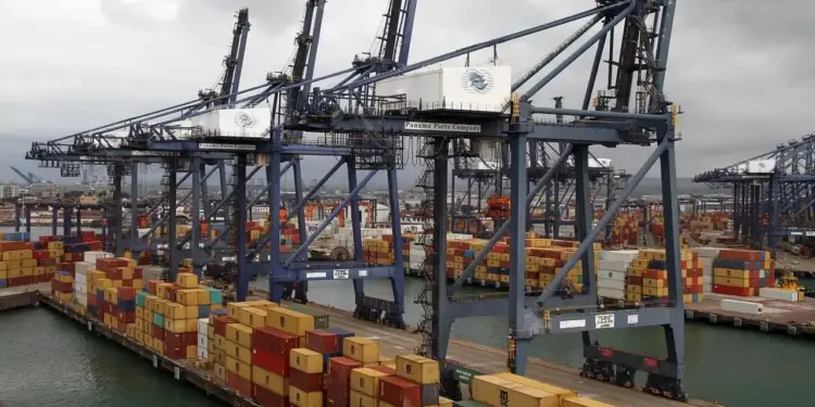 Grúas de pórtico industriales operando en un puerto marítimo con contenedores apilados en el muelle.