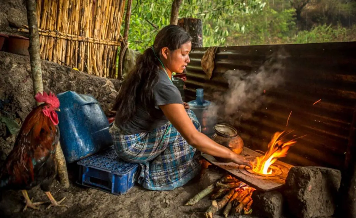 Mujer en entorno rural cocinando con leña en un fogón, con un gallo, recipientes y vegetación. Representa trabajo doméstico.