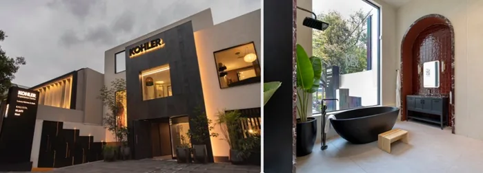 Profesionales del diseño interactuando con soluciones innovadoras en un showroom.
