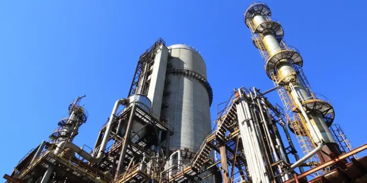 Vista contrapicado de una planta industrial con torres de procesamiento, tuberías y estructuras metálicas bajo un cielo azul.