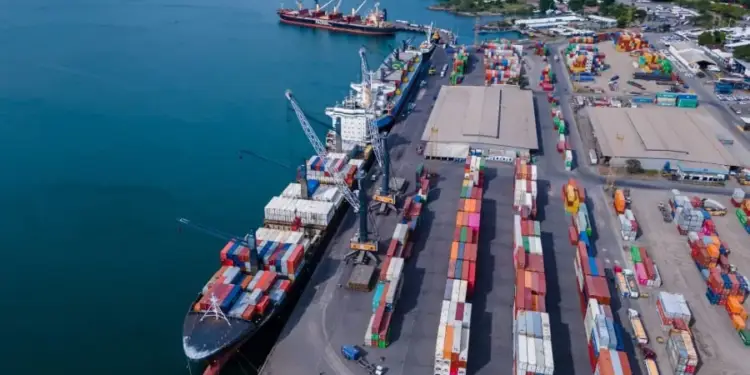 Vista aérea de un puerto con buques de carga atracados, grúas y extensas filas de contenedores de colores en la terminal.
