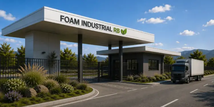 Entrada moderna a una planta industrial con el letrero "FOAM INDUSTRIAL RB", garita de seguridad y un camión de carga.
