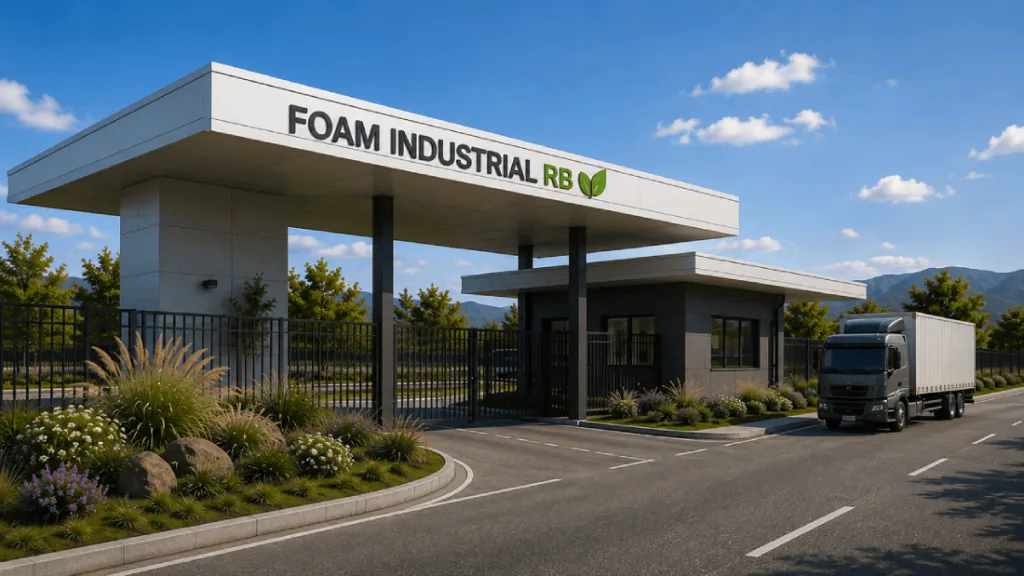 Entrada moderna a una planta industrial con el letrero "FOAM INDUSTRIAL RB", garita de seguridad y un camión de carga.