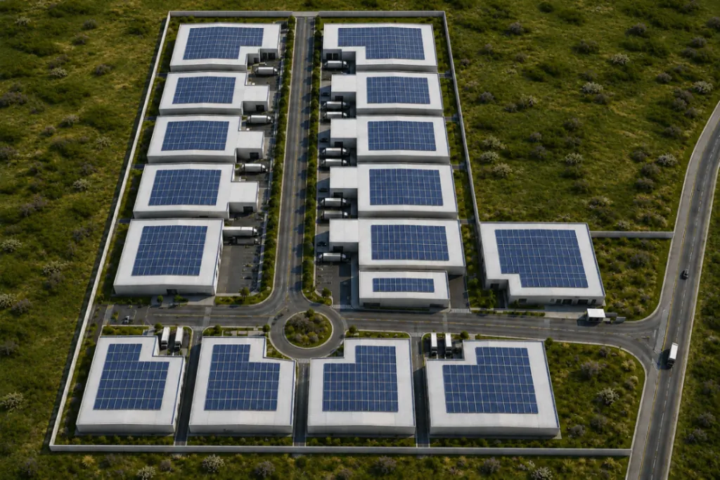 Vista aérea de un parque industrial con almacenes y paneles solares en los techos. Camiones, carreteras y áreas verdes resaltan la logística y energía sostenible.