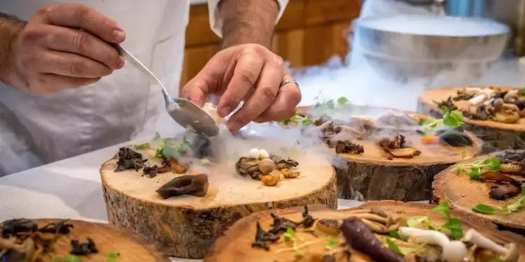 Chef profesional emplatando cuidadosamente un plato gourmet con setas y hierbas sobre rodajas de madera, rodeado de humo escénico en una cocina.