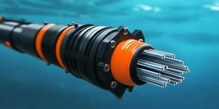 Primer plano de un cable submarino de telecomunicaciones con conectores naranjas y negros sumergido en el agua.