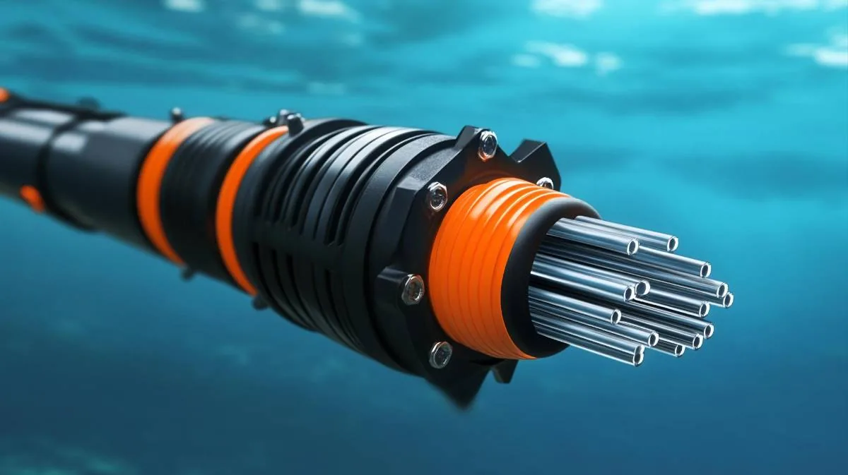 Primer plano de un cable submarino de telecomunicaciones con conectores naranjas y negros sumergido en el agua.