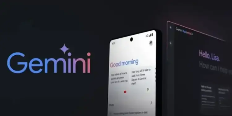 Logotipo de Gemini junto a la pantalla de un teléfono inteligente y una tablet mostrando una interfaz de usuario.