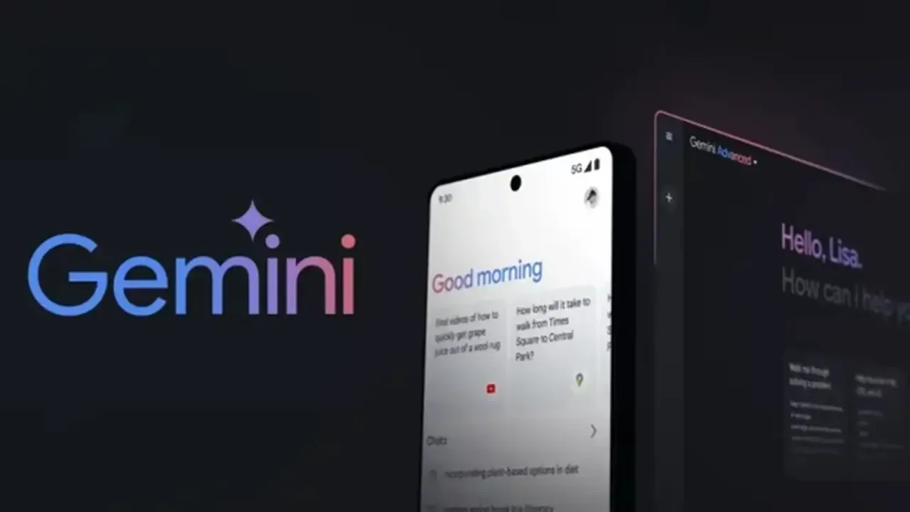 Logotipo de Gemini junto a la pantalla de un teléfono inteligente y una tablet mostrando una interfaz de usuario.