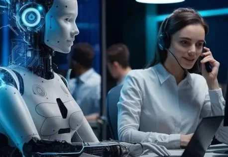 Una mujer con auriculares de atención al cliente trabajando junto a un robot humanoide en una oficina moderna.