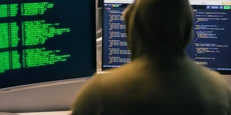 Persona con capucha trabajando frente a múltiples pantallas con líneas de código y simuladores de programación.