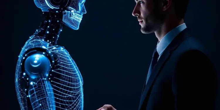 Un hombre con traje y corbata estrecha la mano de un robot cibernético iluminado en azul sobre un fondo oscuro.