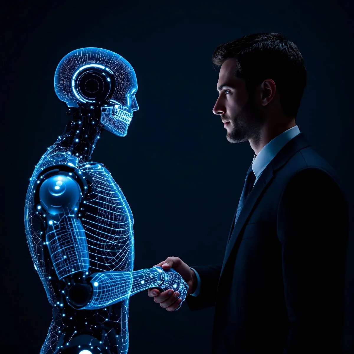 Un hombre con traje y corbata estrecha la mano de un robot cibernético iluminado en azul sobre un fondo oscuro.
