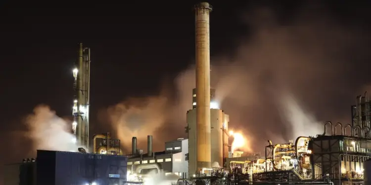 Vista nocturna de un complejo industrial con grandes chimeneas, tuberías y edificios. Se observa humo y vapor saliendo, iluminado por luces intensas y destellos de fuego, indicando actividad productiva.