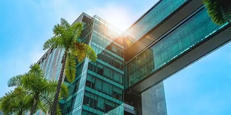 Vista angular de un edificio de oficinas moderno con fachada de cristal y dos pasarelas elevadas. Palmeras verdes en primer plano bajo un cielo azul brillante.