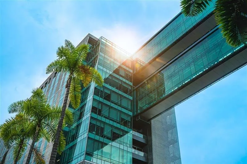 Vista angular de un edificio de oficinas moderno con fachada de cristal y dos pasarelas elevadas. Palmeras verdes en primer plano bajo un cielo azul brillante.