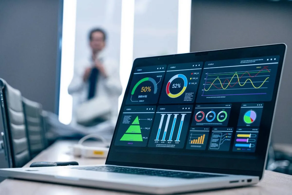 Laptop mostrando un dashboard con gráficos de análisis de datos financieros y empresariales. Una persona desenfocada en el fondo.