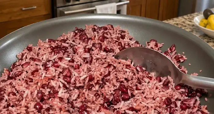 Sartén grande con mezcla de arroz blanco y frijoles rojos cocidos en una cocina.