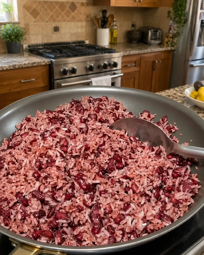 Sartén grande con mezcla de arroz blanco y frijoles rojos cocidos en una cocina.