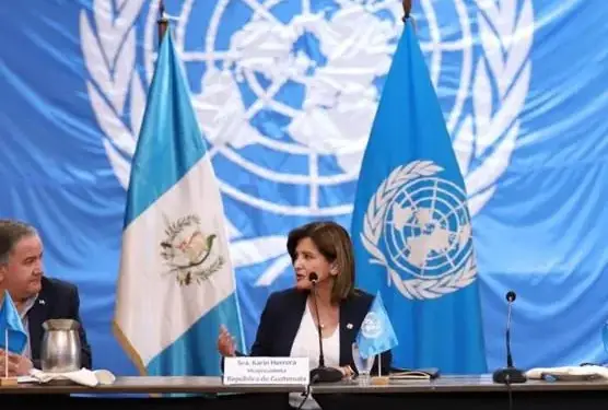 Mujer hablando en un estrado con banderas de Guatemala y de la ONU de fondo.